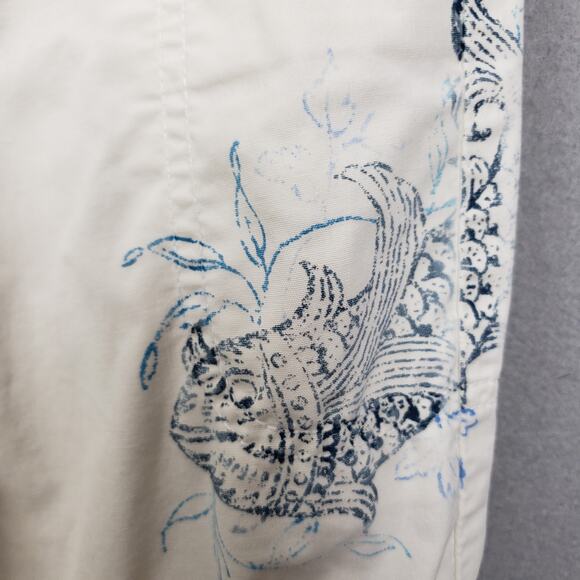 Coldwater Creek Size 12 Tie Bottom Capri Pants White Blue Paisley Design Beach - Picture 3 of 9